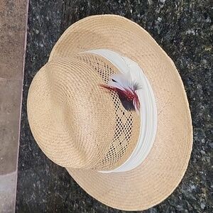 Straw Perforated Hat With Red Black White Feather  Cream Band OS